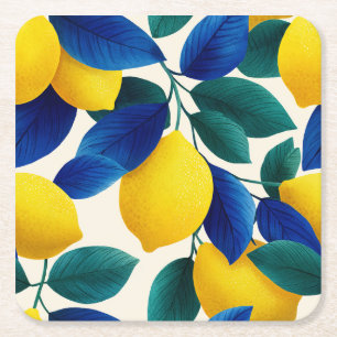 Dessous De Verre Carré Motif d'aquarelle citron et bleu Feuille