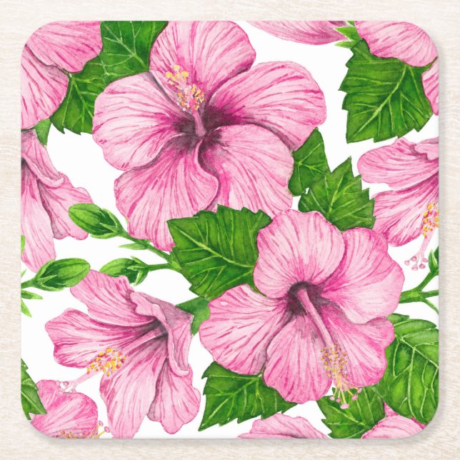 Dessous De Verre Carré Motif d'aquarelle d'hibiscus rose (Devant)
