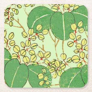 Dessous De Verre Carré Motif d'art botanique floral de la feuille japonai