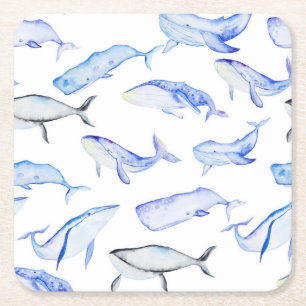 Dessous De Verre Carré Motif de baleine bleue d'aquarelle