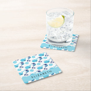 Dessous De Verre Carré Motif De Baleines, Baleines Bleues, Votre Nom