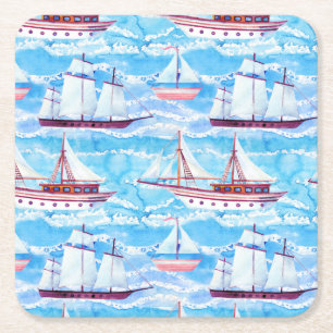 Dessous De Verre Carré Motif de bateaux de navigation d'aquarelle
