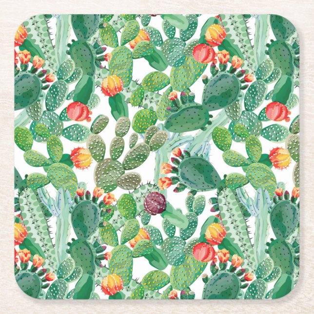 Dessous De Verre Carré Motif de cactus d'aquarelle (Devant)