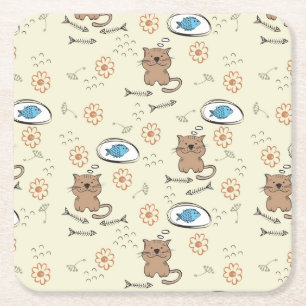 Dessous De Verre Carré motif de chat et de poissons