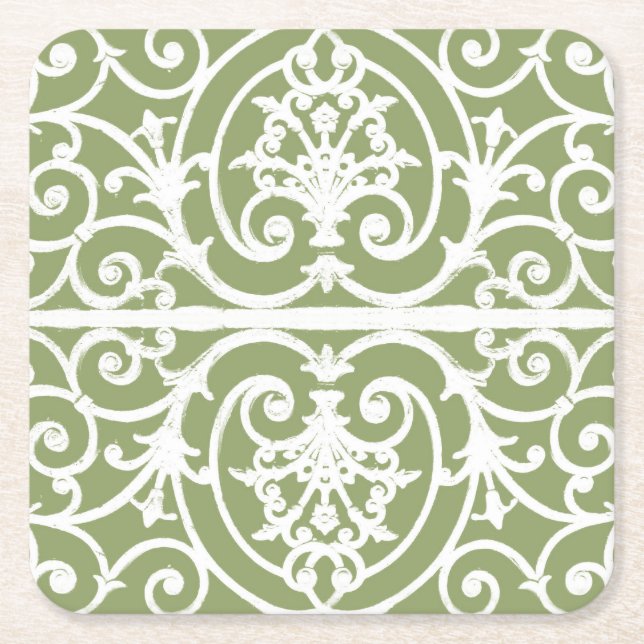Dessous De Verre Carré Motif de défilement vert olive (Devant)