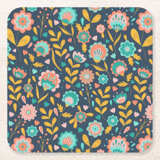 Dessous De Verre Carré Motif de fleur d'art populaire (Devant)