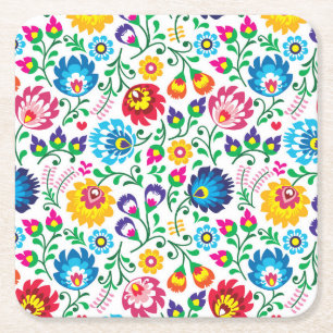 Dessous De Verre Carré Motif de fleur d'art populaire 2
