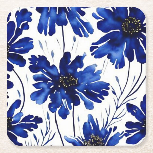 Dessous De Verre Carré Motif de fleurs bleu marine (Devant)