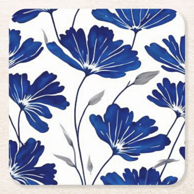 Dessous De Verre Carré Motif de fleurs bleu marine (Devant)