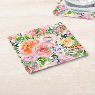 Dessous De Verre Carré Motif de fleurs de rose orange blanc jaune