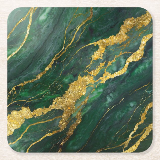 Dessous De Verre Carré Motif de marbre vert avec or (Devant)