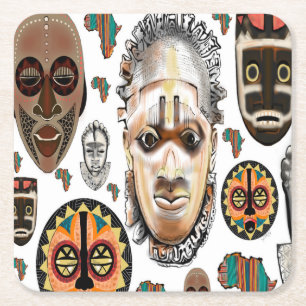 Dessous De Verre Carré Motif de masque africain blanc