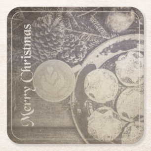 Dessous De Verre Carré Motif de Noël vintage avec biscuits et café