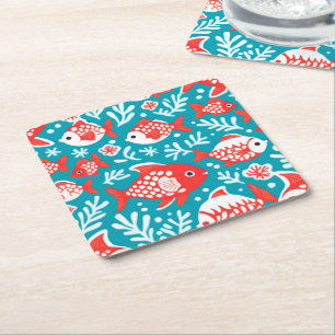 Dessous De Verre Carré Motif de poisson rouge et blanc bleu