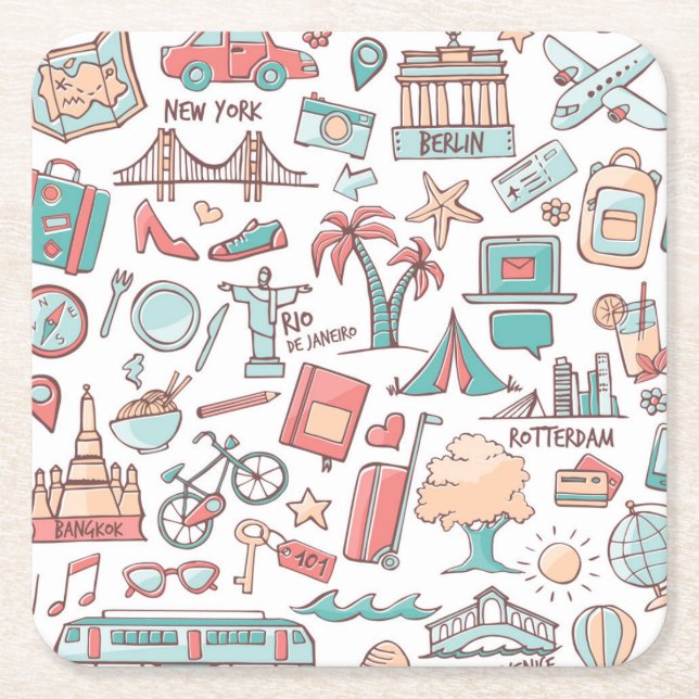 Dessous De Verre Carré Motif de touristes en pastel (Devant)