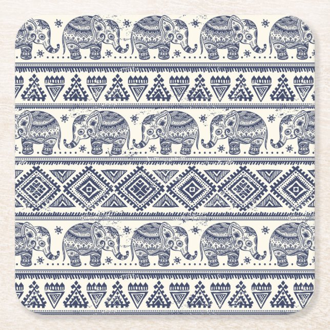 Dessous De Verre Carré Motif d'éléphant ethnique bleu (Devant)