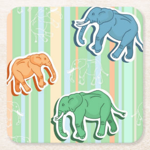Dessous De Verre Carré Motif d'éléphant sur les rayures vertes