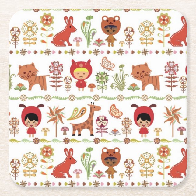 Dessous De Verre Carré Motif d'enfant et d'animaux (Devant)