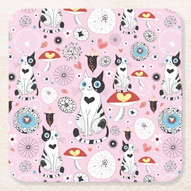 Dessous De Verre Carré motif des chats et des fleurs (Devant)