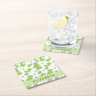 Dessous De Verre Carré Motif Des Eléphants Verts, Étoiles, Votre Nom