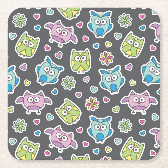 Dessous De Verre Carré motif des hiboux de bande dessinée (Devant)