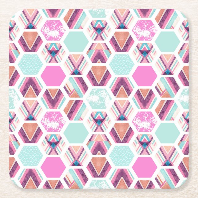 Dessous De Verre Carré Motif d'hexagone d'aquarelle (Devant)