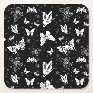 Dessous De Verre Carré Motif d'illustration noir blanc papillon