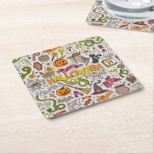 Dessous De Verre Carré Motif d'objets de doodles d'Halloween colorés