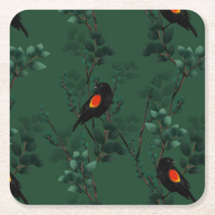 Dessous De Verre Carré Motif d'oiseau-noir à ailes rouges