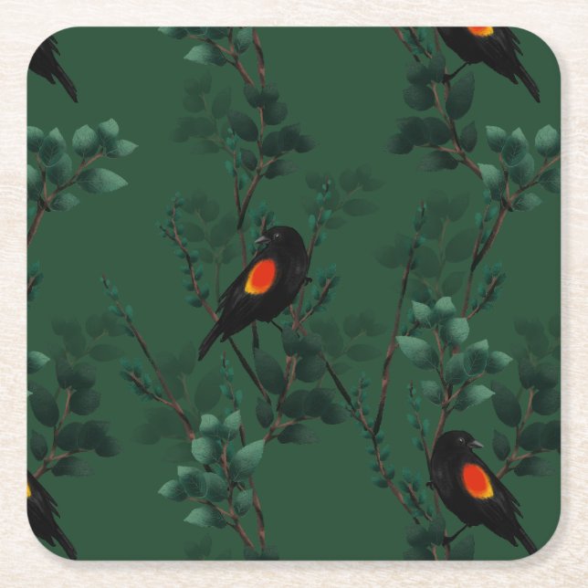 Dessous De Verre Carré Motif d'oiseau-noir à ailes rouges (Devant)