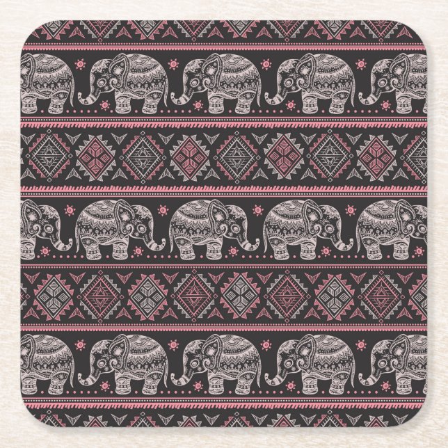 Dessous De Verre Carré Motif ethnique noir d'éléphant (Devant)