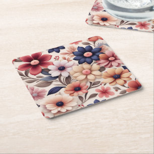 Dessous De Verre Carré Motif fleurs et feuilles rose gras