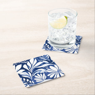 Dessous De Verre Carré Motif floral aquarelle botanique bleu blanc