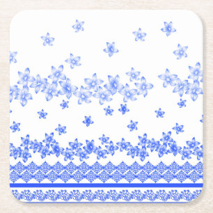 Dessous De Verre Carré Motif floral bleu et blanc,
