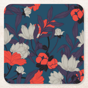 Dessous De Verre Carré Motif floral bleu et rouge élégant