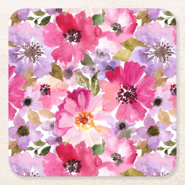 Dessous De Verre Carré Motif floral d'aquarelle d'été (Devant)