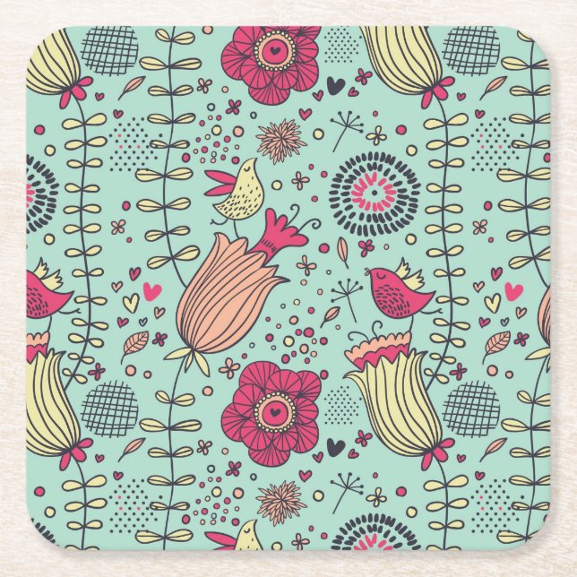 Dessous De Verre Carré Motif floral de bande dessinée avec des oiseaux (Devant)