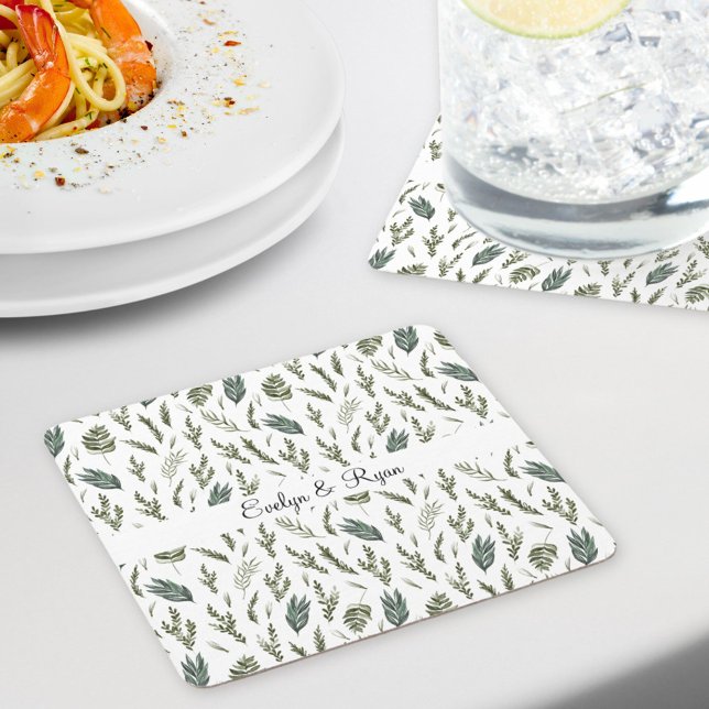 Dessous De Verre Carré Motif floral de feuilles vertes à l'aquarelle (In situ)