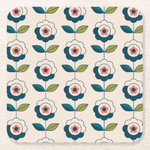 Dessous De Verre Carré Motif floral de rétro turquoise