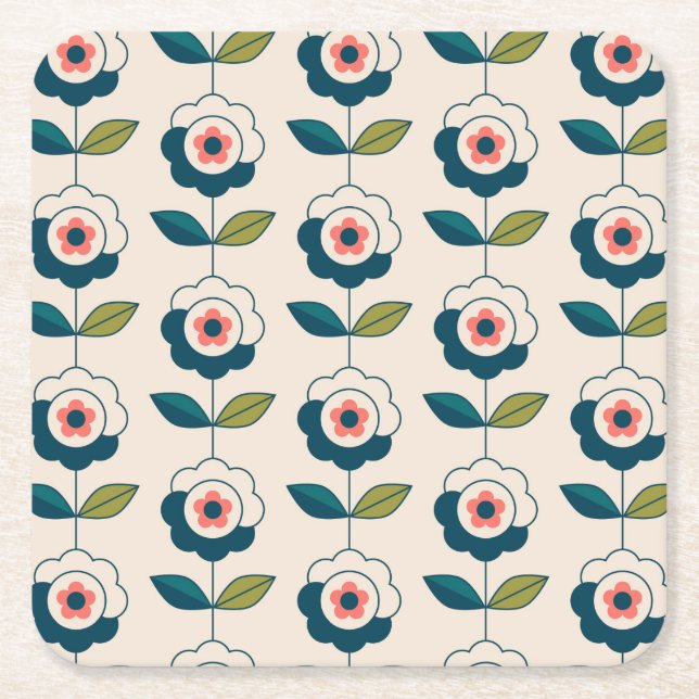 Dessous De Verre Carré Motif floral de rétro turquoise (Devant)