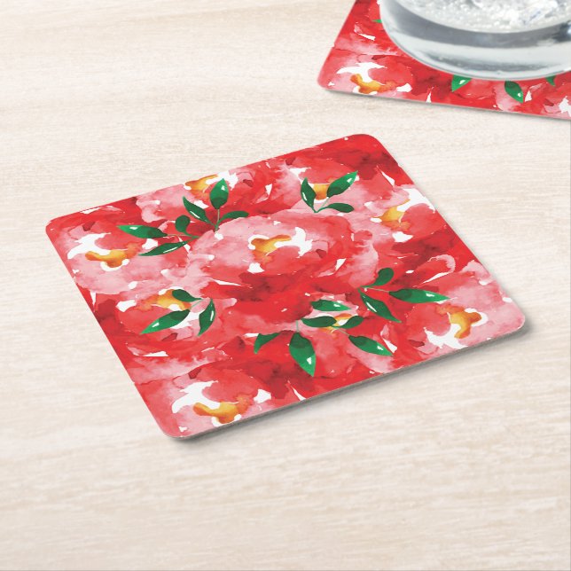 Dessous De Verre Carré Motif Floral Roses Rouges (Incliné)