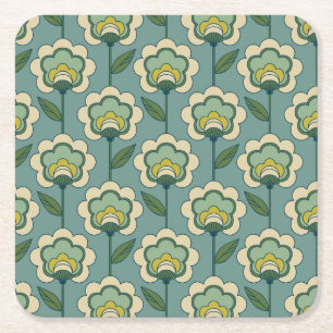 Dessous De Verre Carré Motif floral turquoise et jaune