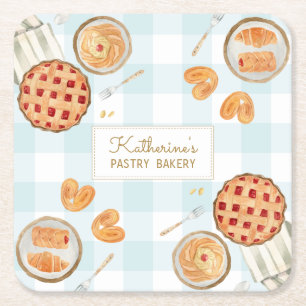 Dessous De Verre Carré Motif Gingham Pâtisseries Aquarelle Boulangerie Pâ