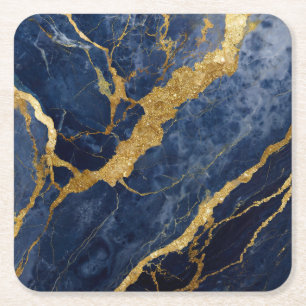 Dessous De Verre Carré Motif Marbre Bleu avec Or
