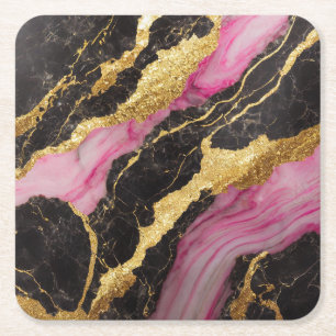 Dessous De Verre Carré Motif marbre noir rose avec or