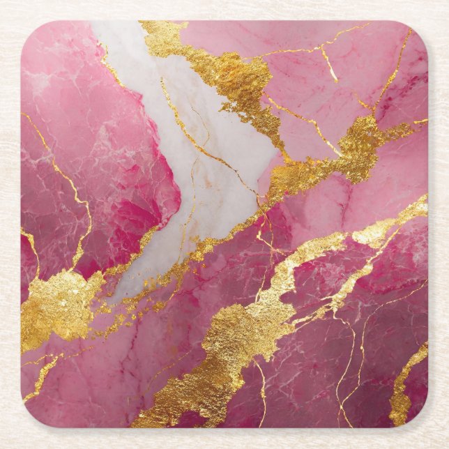 Dessous De Verre Carré Motif marbre rose avec or (Devant)