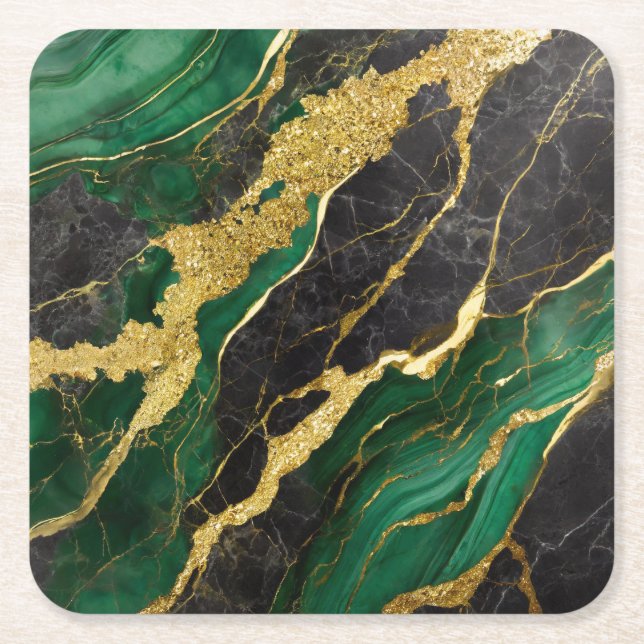 Dessous De Verre Carré Motif Marbre Vert avec Or (Devant)