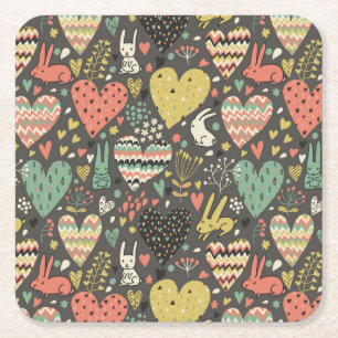 Dessous De Verre Carré Motif mignon de lapins d'amour avec des coeurs