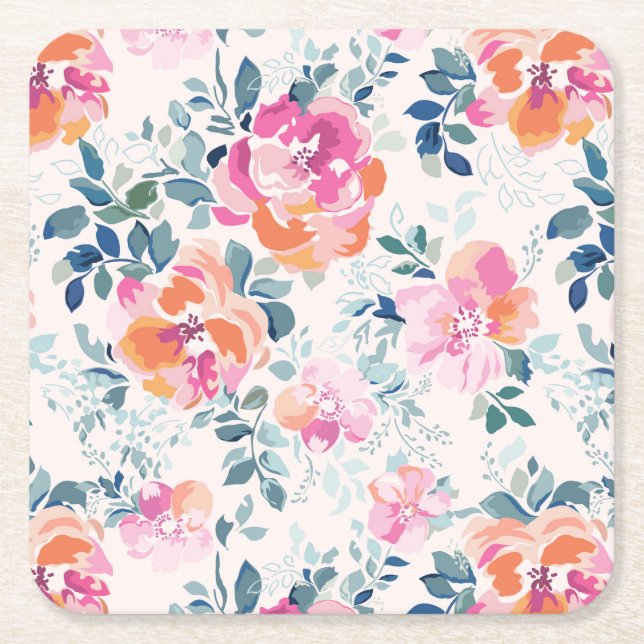Dessous De Verre Carré Motif peint de roses (Devant)