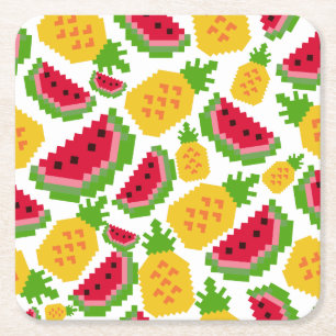 Dessous De Verre Carré Motif Pixel de Pastèque Tropicale et Ananas